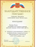 Благодарственное письмо Управление образования администрации города Магнитогорска за активную и результативную работу по профориентации старшеклассников образовательных учреждений, 2012 