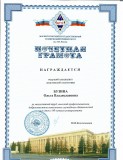 Почетная грамота ФГБОУ ВО «МГТУ им.Г.И. Носова» за многолетний труд, высокий профессионализм, добросовестное выполнение служебных обязанностей 